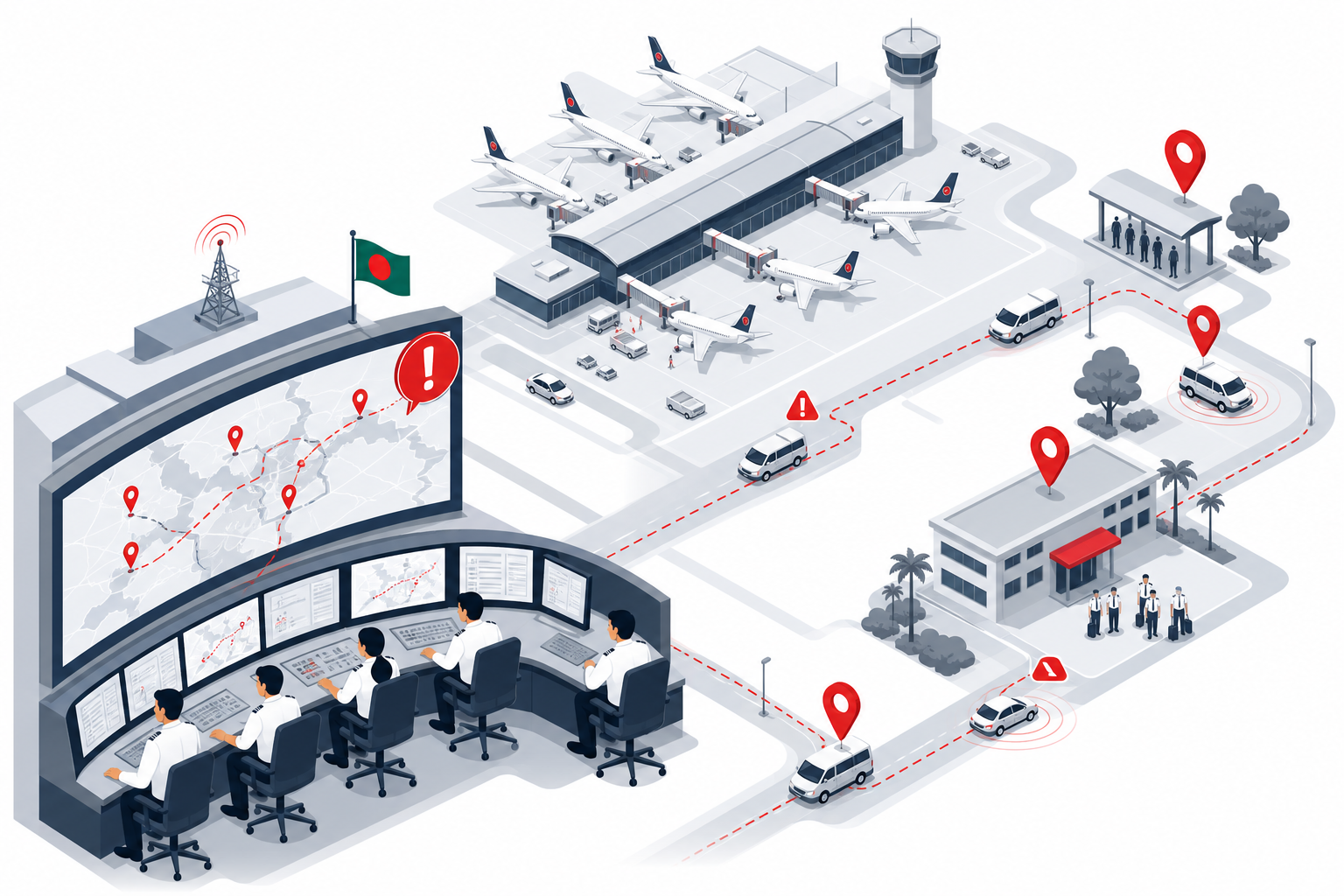 Airlines fleet command center with live airport map and crew transport schedule