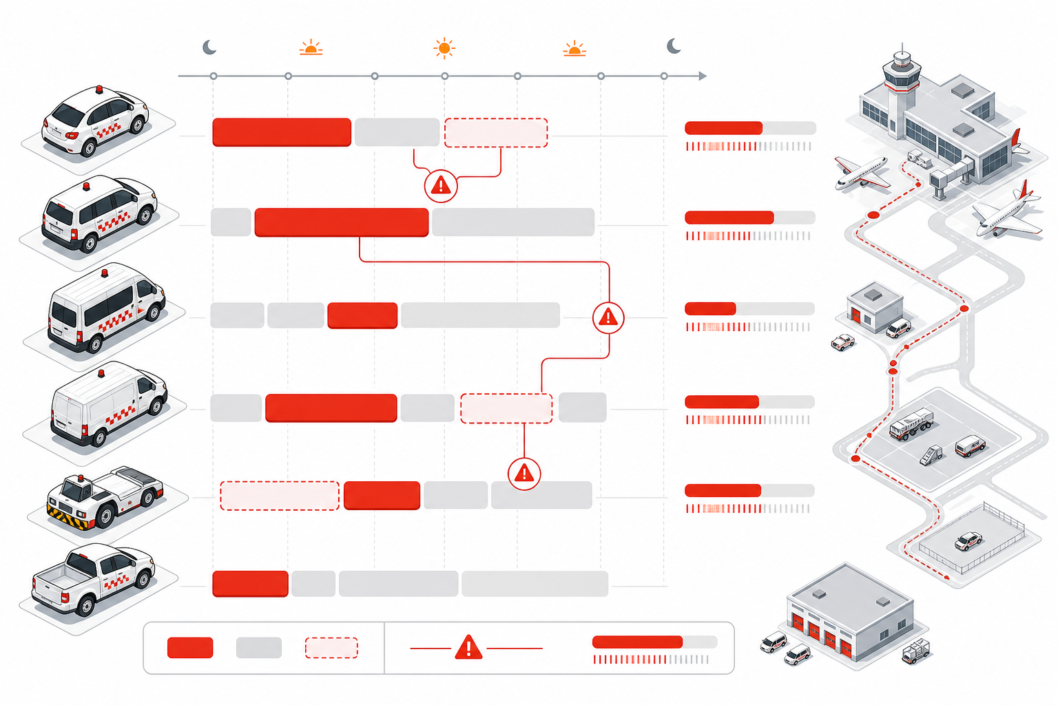 Airline fleet vehicle roster timeline with duty slots and conflict signals