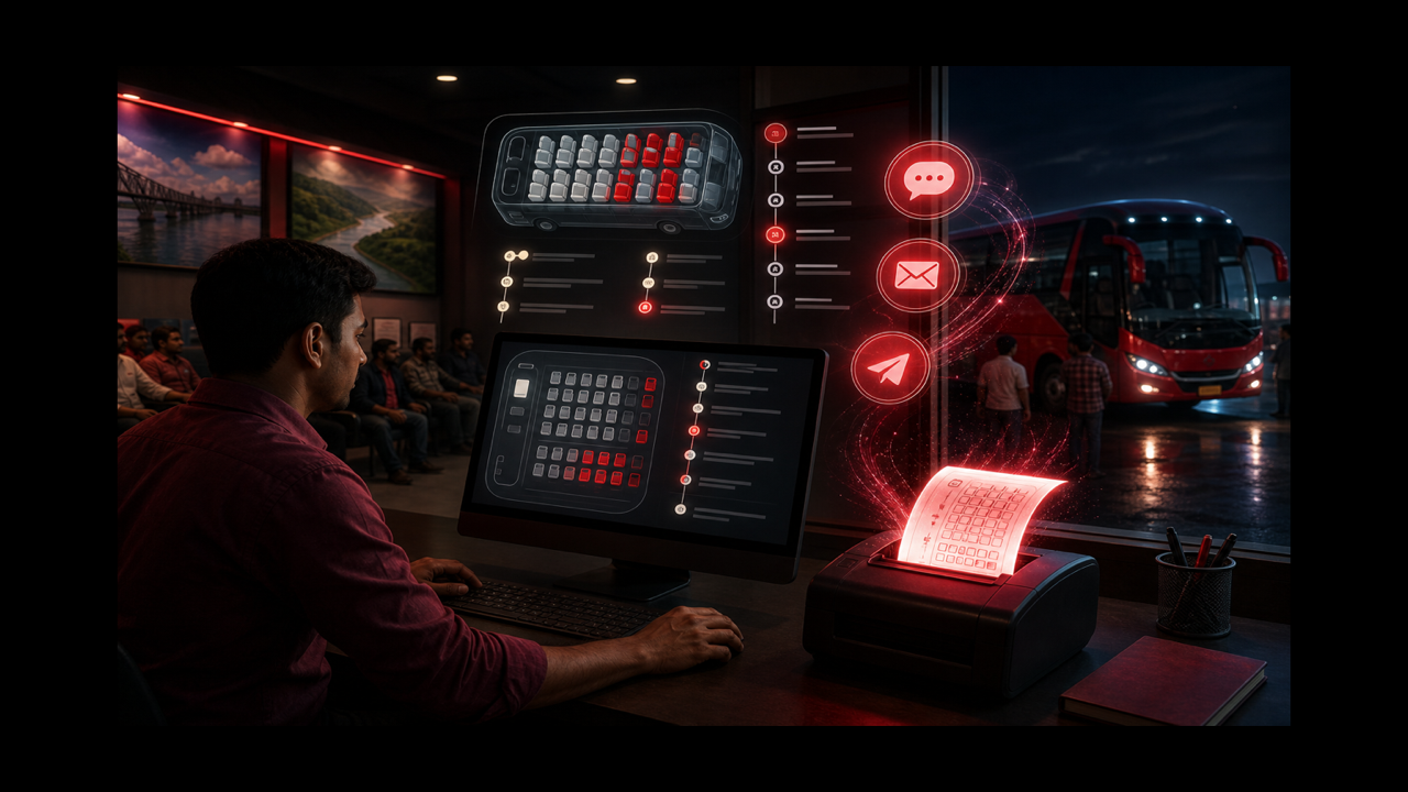 Bus booking desk with SMS email Telegram alerts and seat reserve history