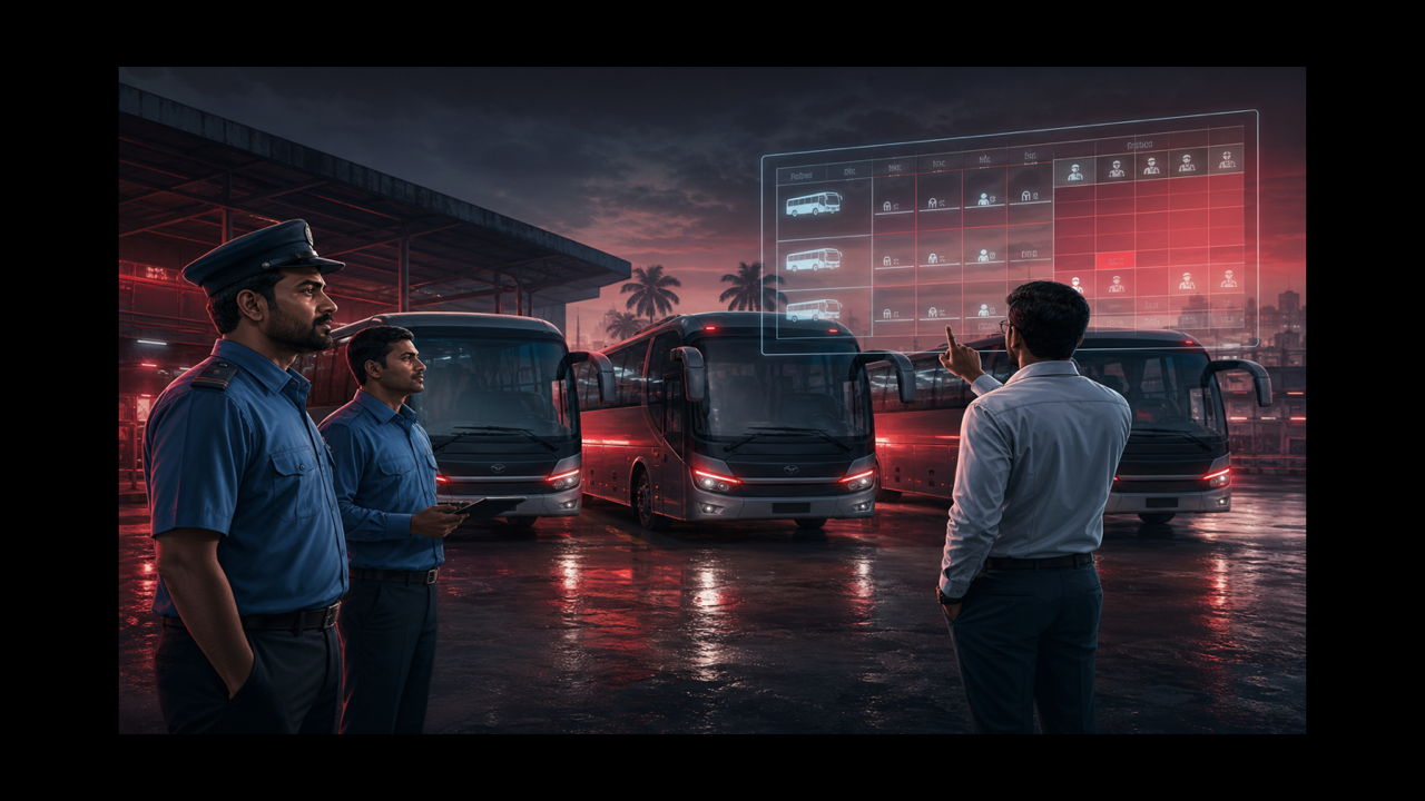 Bus driver and helper roster with one owner managing multiple coaches