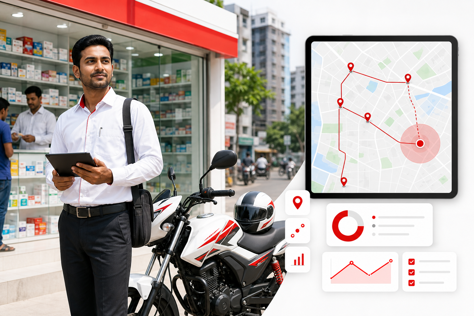 Pharmaceutical field sales team with company bikes, GPS tracking, and territory map
