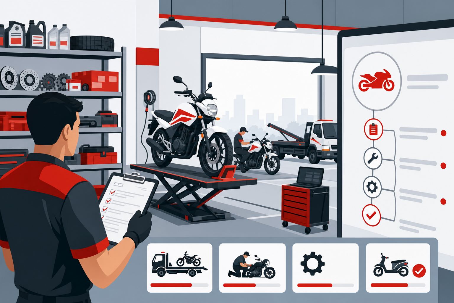 Motorcycle garage maintenance job card and service record for field sales fleet