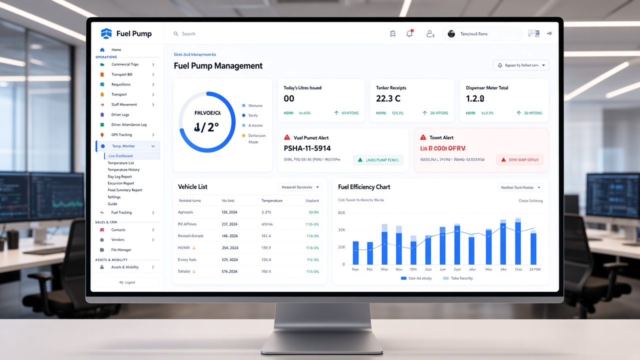 Fuel pump management dashboard with live tank level, today's issues, dispenser meter, and low-stock alert