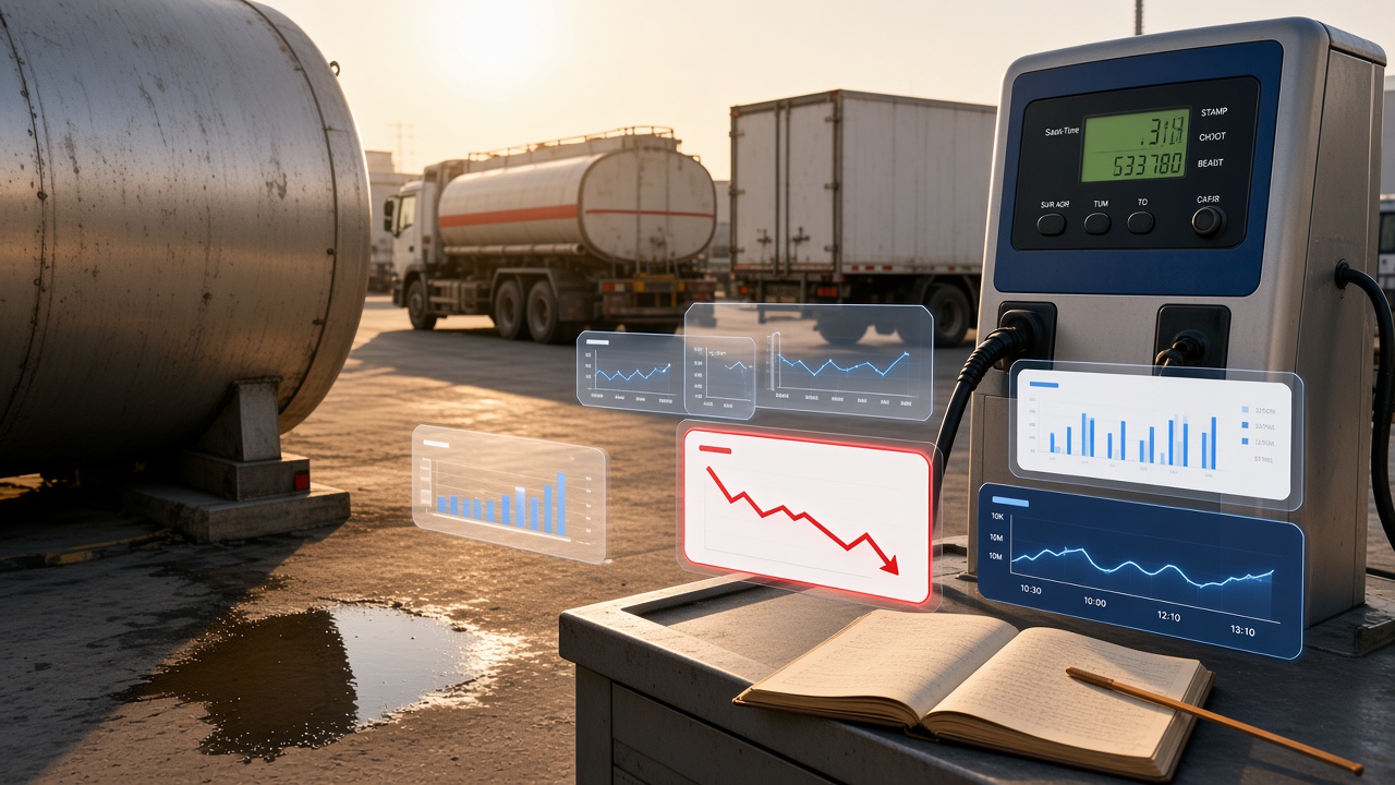 Fuel pump stock ledger comparing tanker receipts, dispenser issues, and dip-stick balance for an own diesel tank