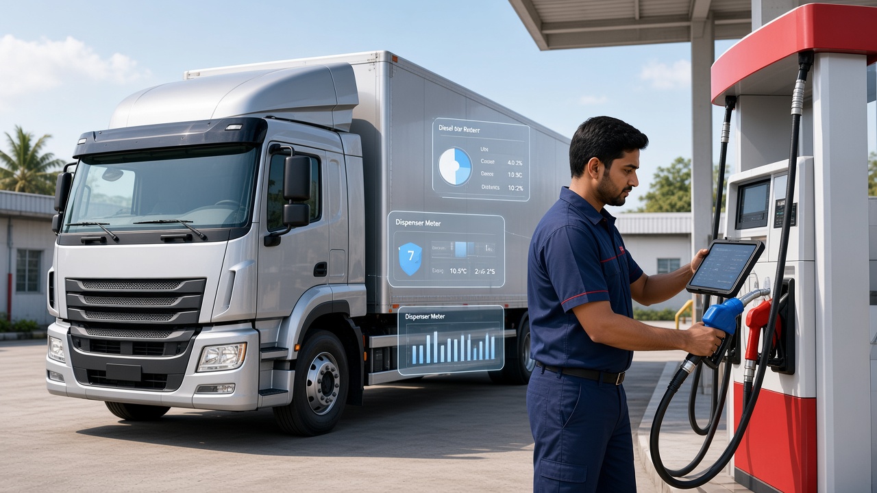 Truck refuelling at a managed depot with nozzle metre, tank stock, and digital issue record