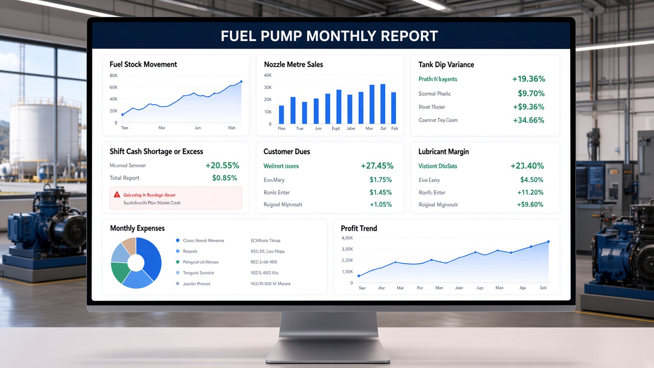 Fuel pump owner report with stock movement, variance, vehicle efficiency, and monthly cost trends
