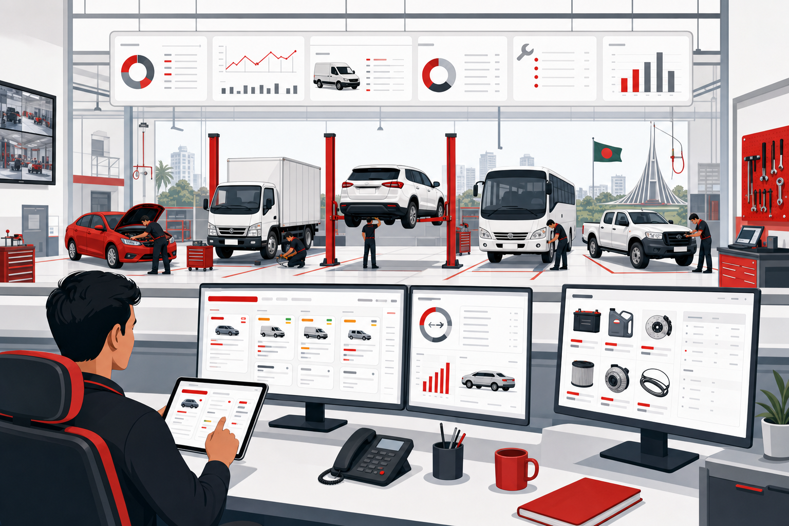 Modern garage management system with job cards, mechanics, and workshop operations desk