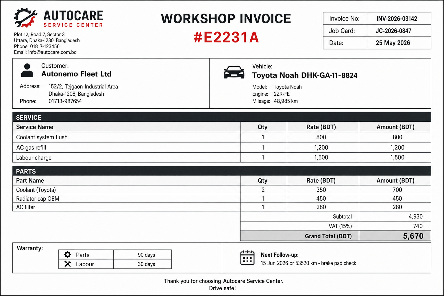 Garage workshop invoice with service lines, parts qty and amount, warranty, and next follow-up date