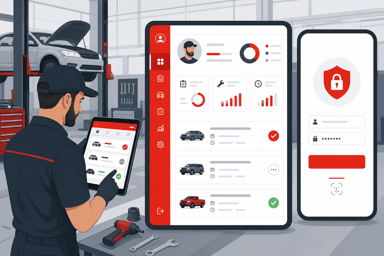 Mechanic profile login with assigned job cards and task status updates