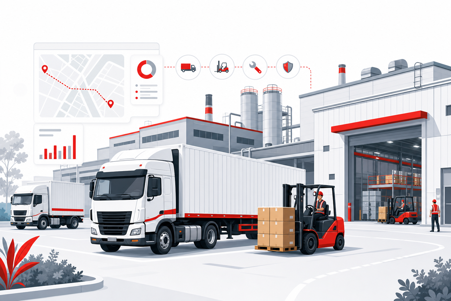 Industrial factory site fleet with plant cargo and site vehicles