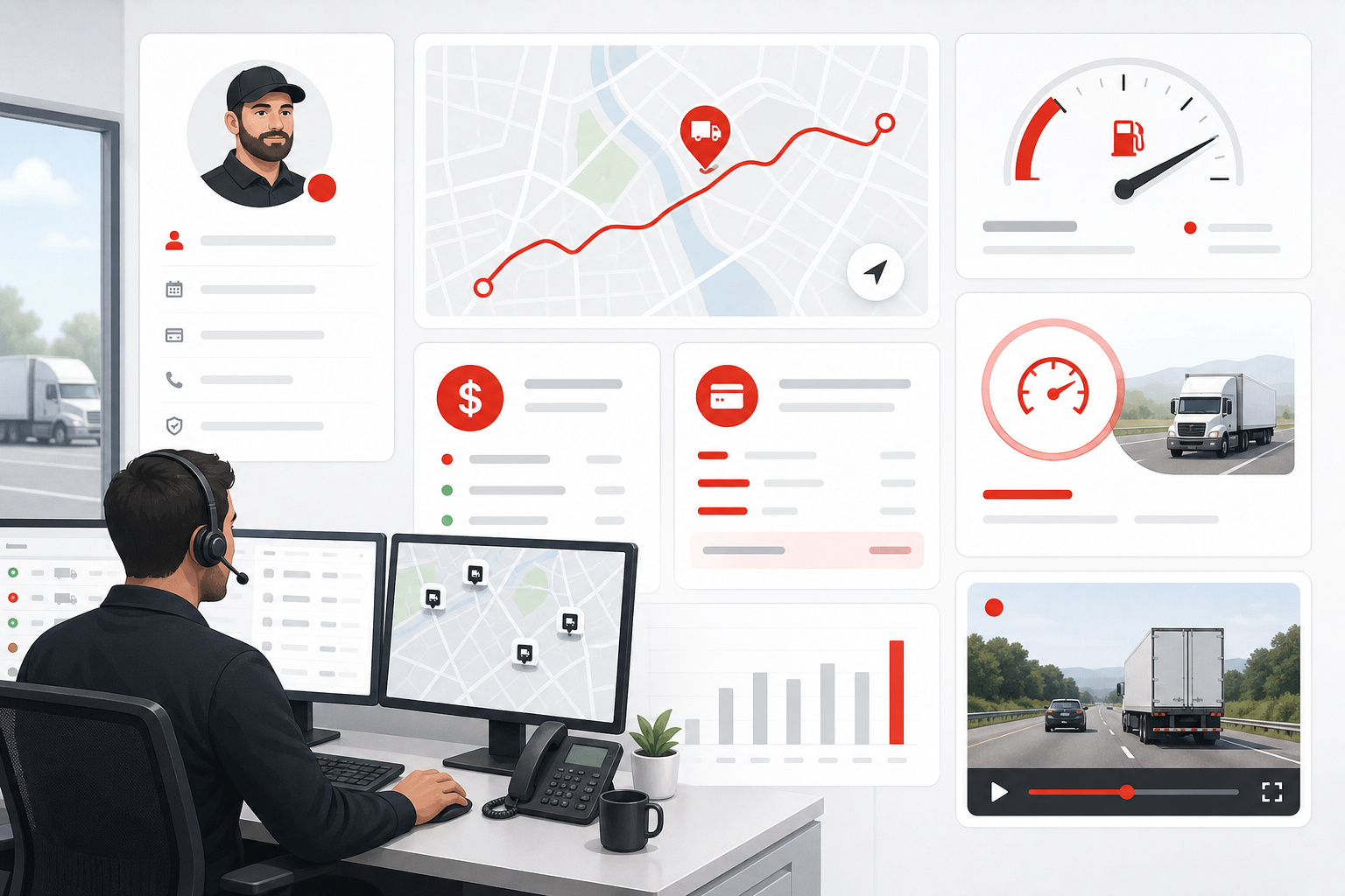 Commercial fleet dispatch desk with driver pay, fuel, and alerts
