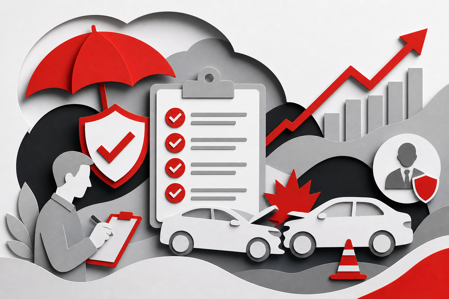 Benefits graph — Insurance and claim follow-up fields for Accidents (Paper cut style, example only, not a software screenshot)