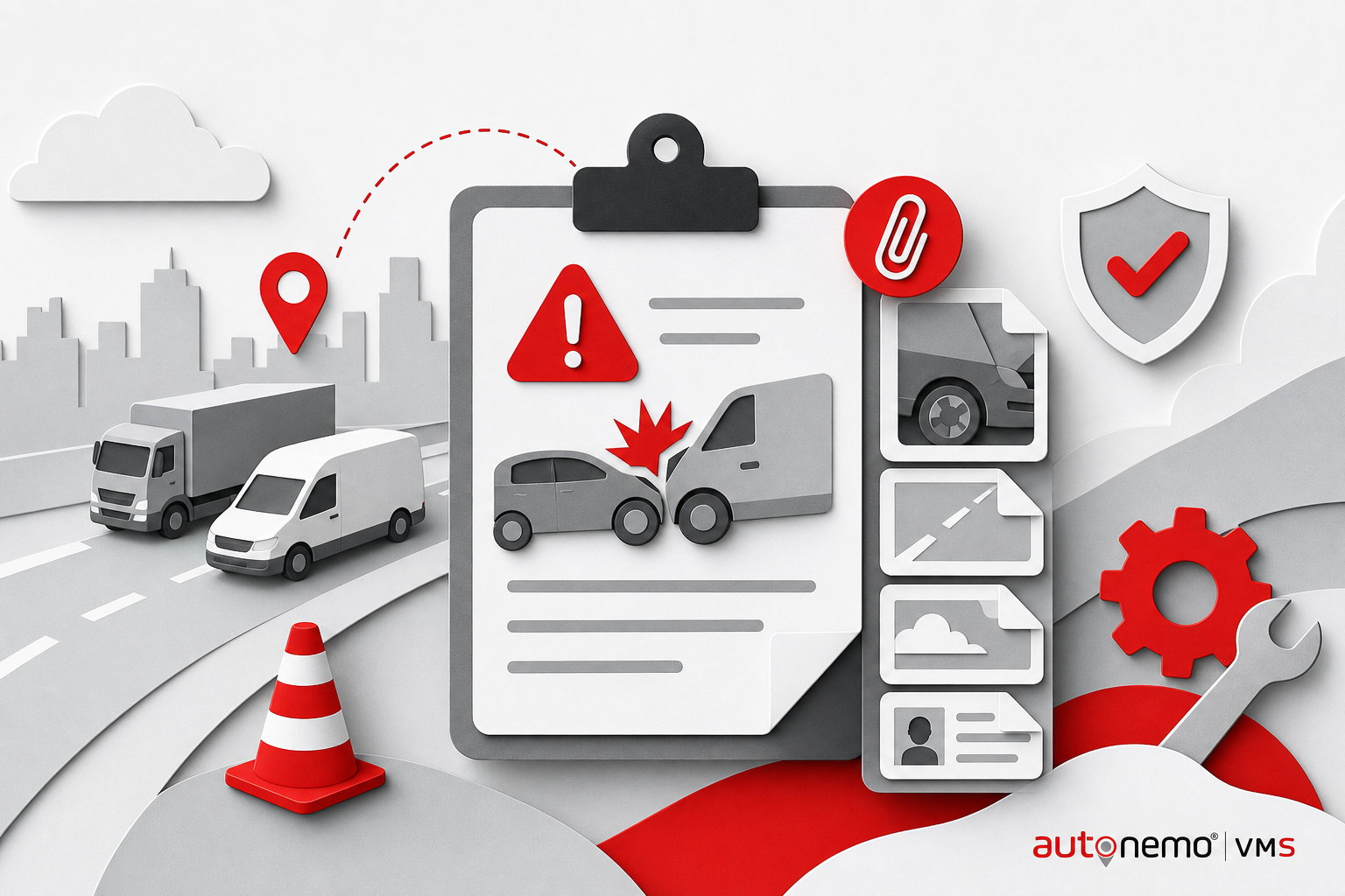 Concept overview — Incident report with attachments for Accidents (Paper cut style, example only, not a software screenshot)