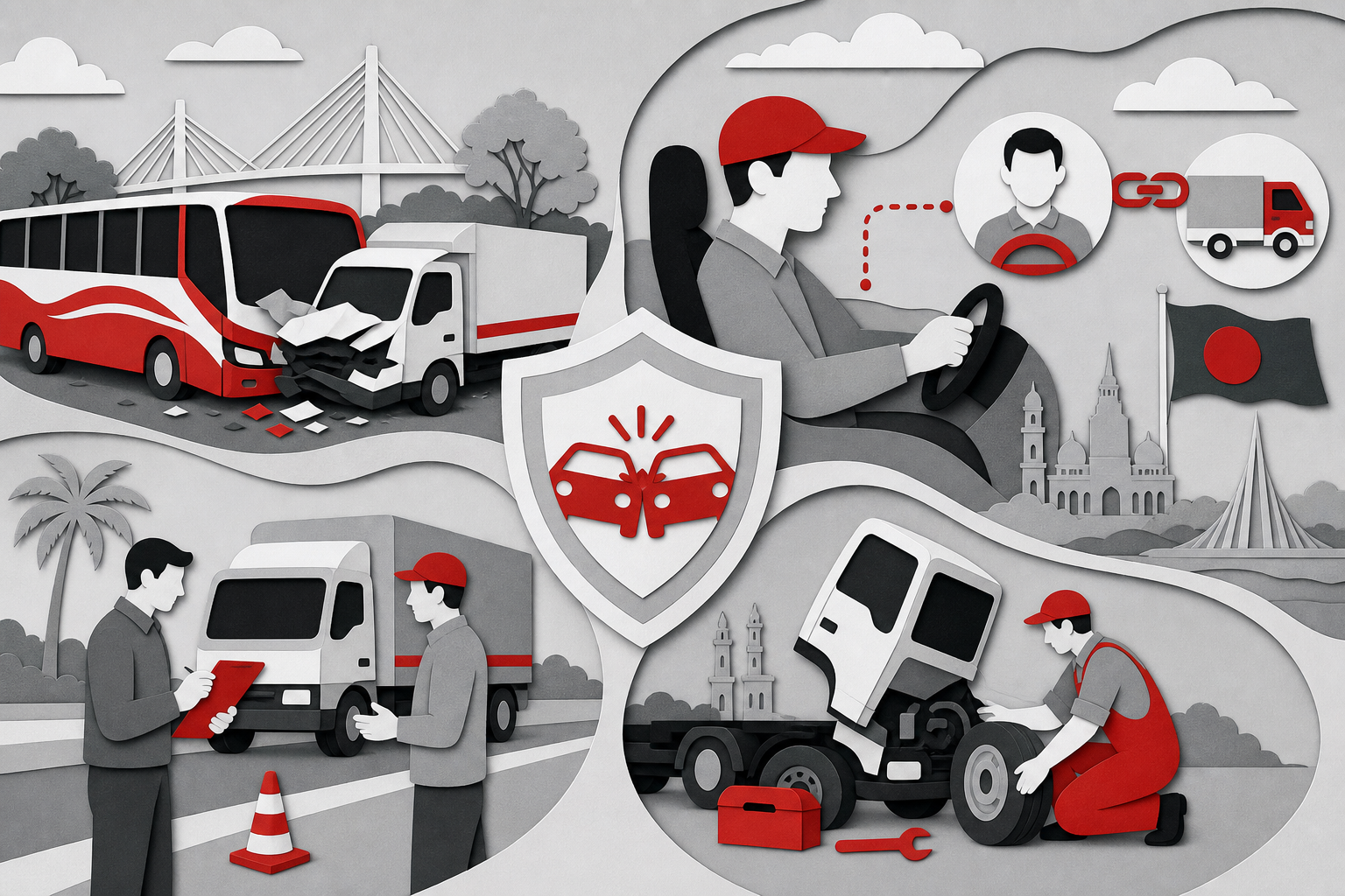 Use-case collage — Driver and vehicle linkage for Accidents (Paper cut style, example only, not a software screenshot)