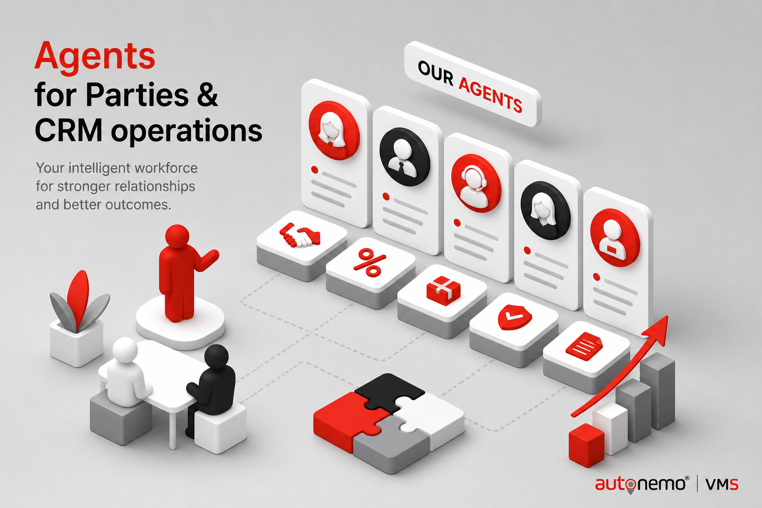 Concept overview — Agent list with commercial terms for Agents (Isometric style, example only, not a software screenshot)