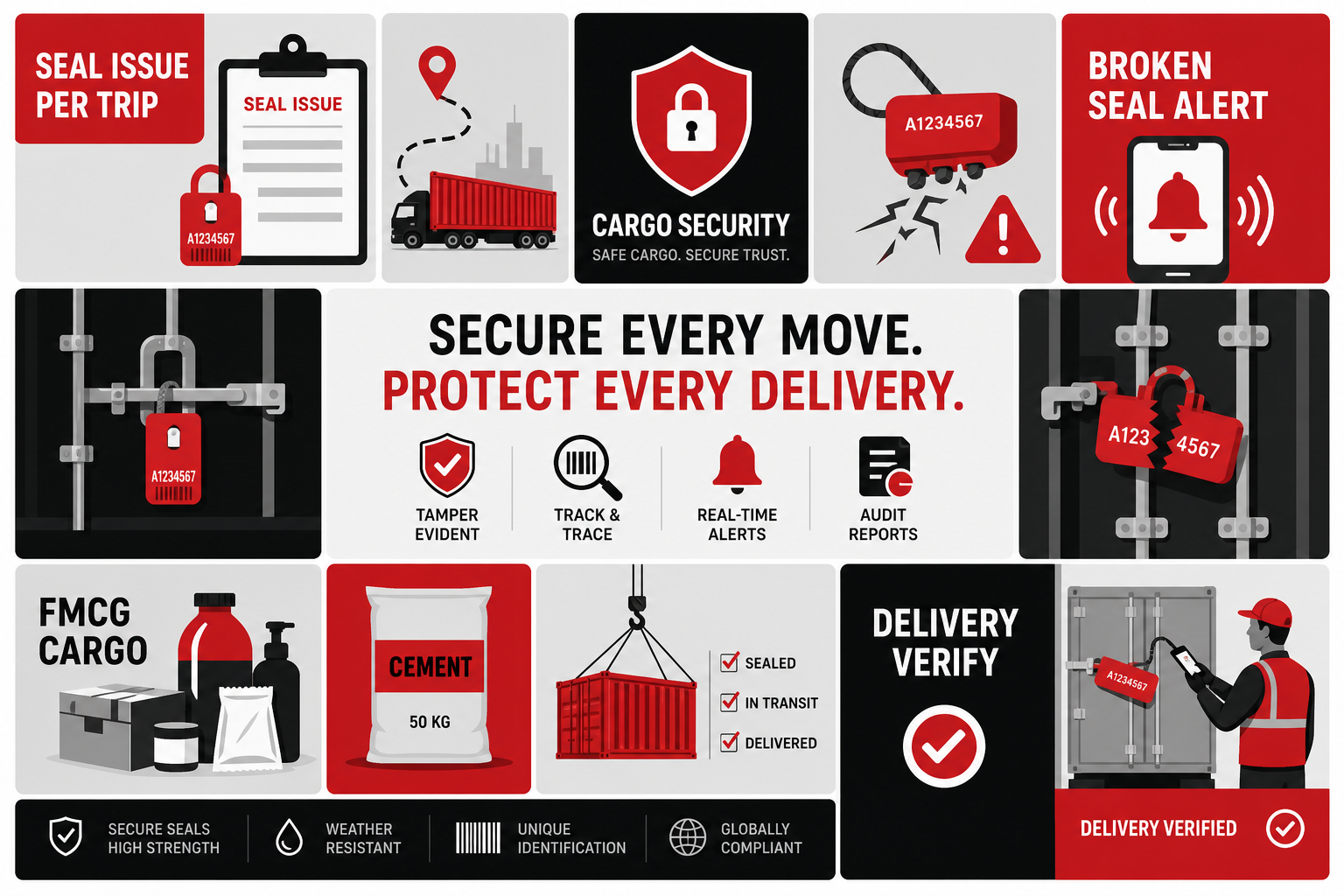 Use-case collage — Delivery verification scan or confirm for Cargo Security (Icon mosaic style, example only, not a software screenshot)