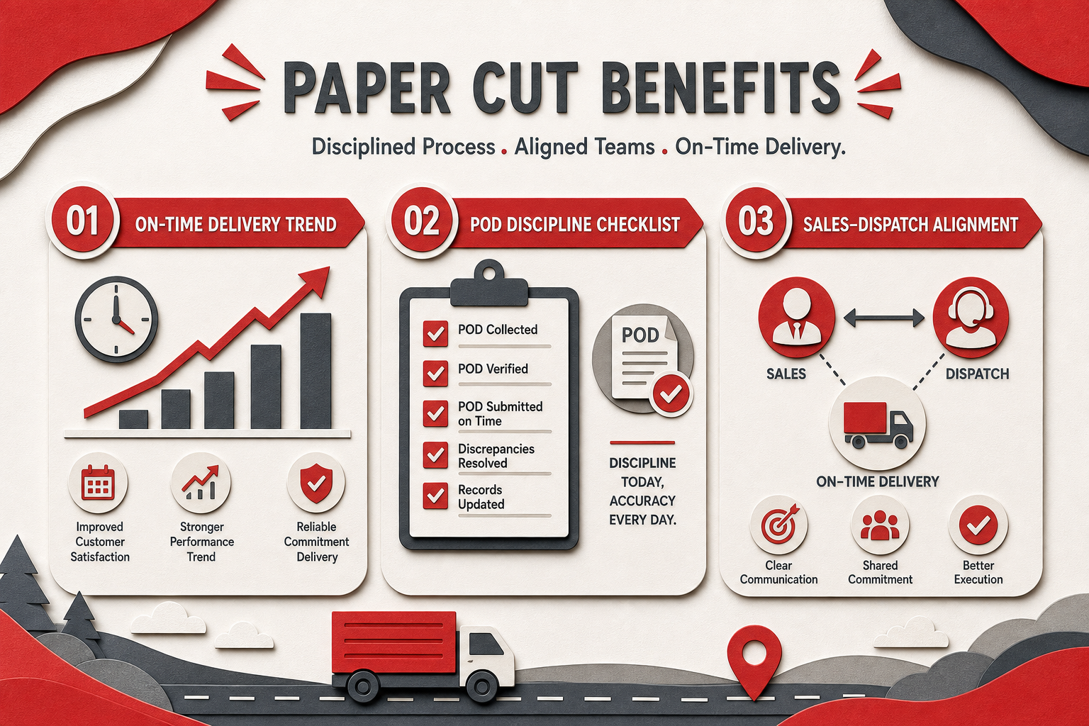 Benefits graph — Client SLA and delay visibility for Commercial Control (Paper cut style, example only, not a software screenshot)