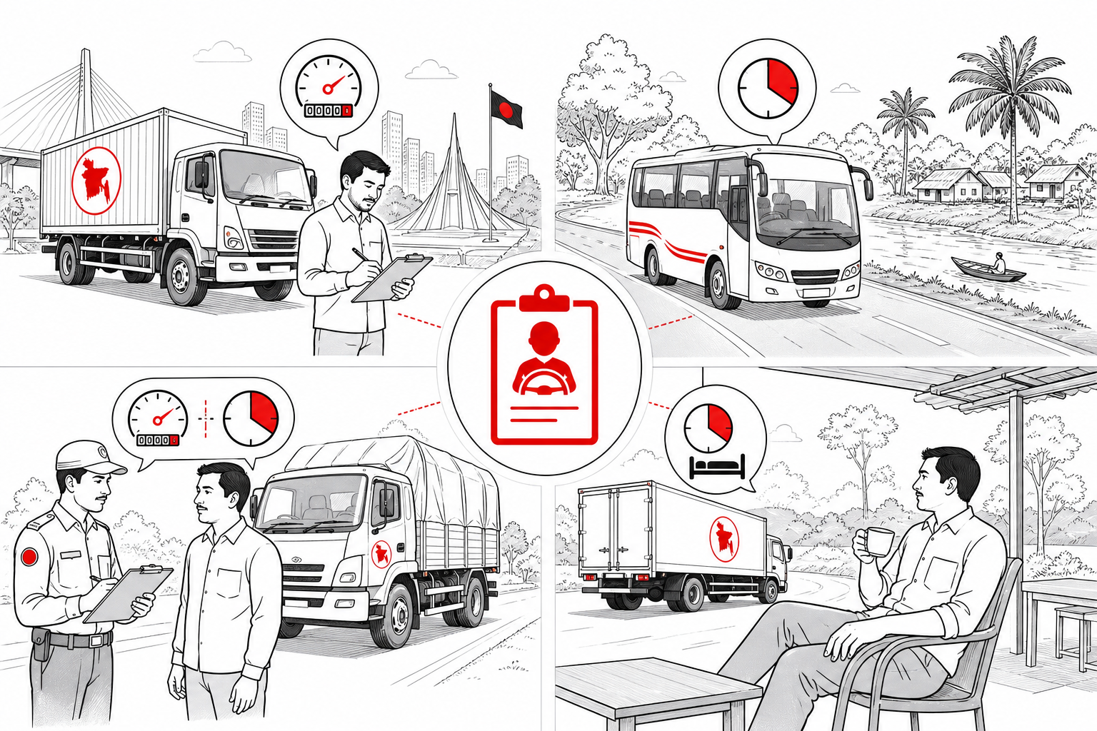 Use-case collage — Odometer and duty hour capture for Driver Logs (Line art style, example only, not a software screenshot)