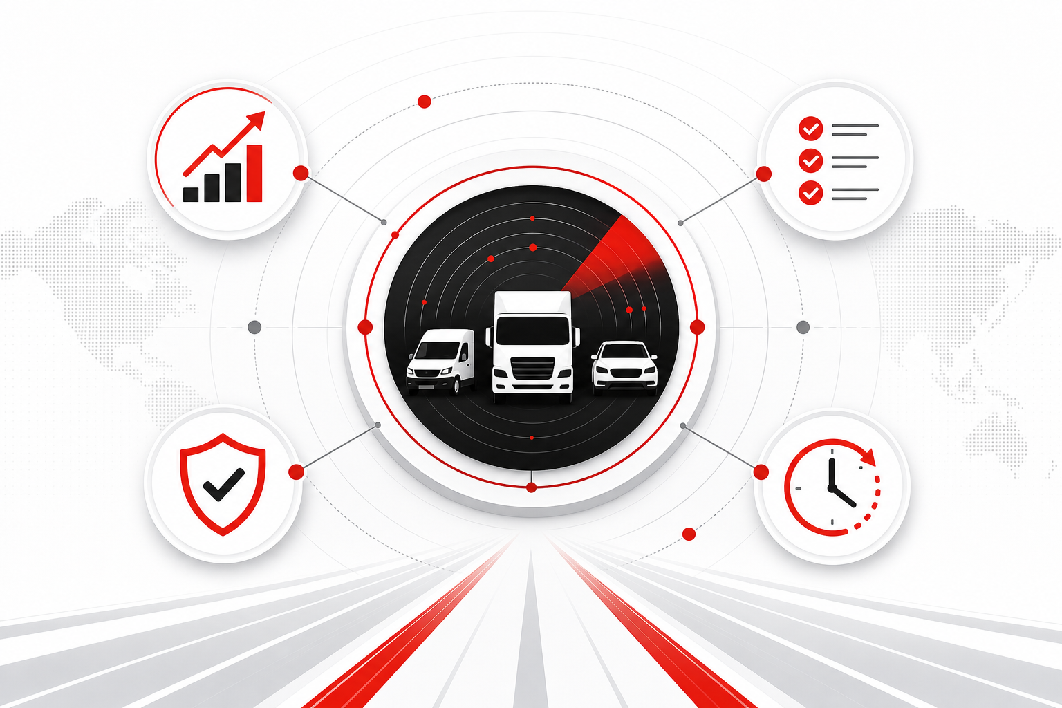 Benefits graph — Fitness, insurance, and permit due tracking for Fleet (Radar hub style, example only, not a software screenshot)
