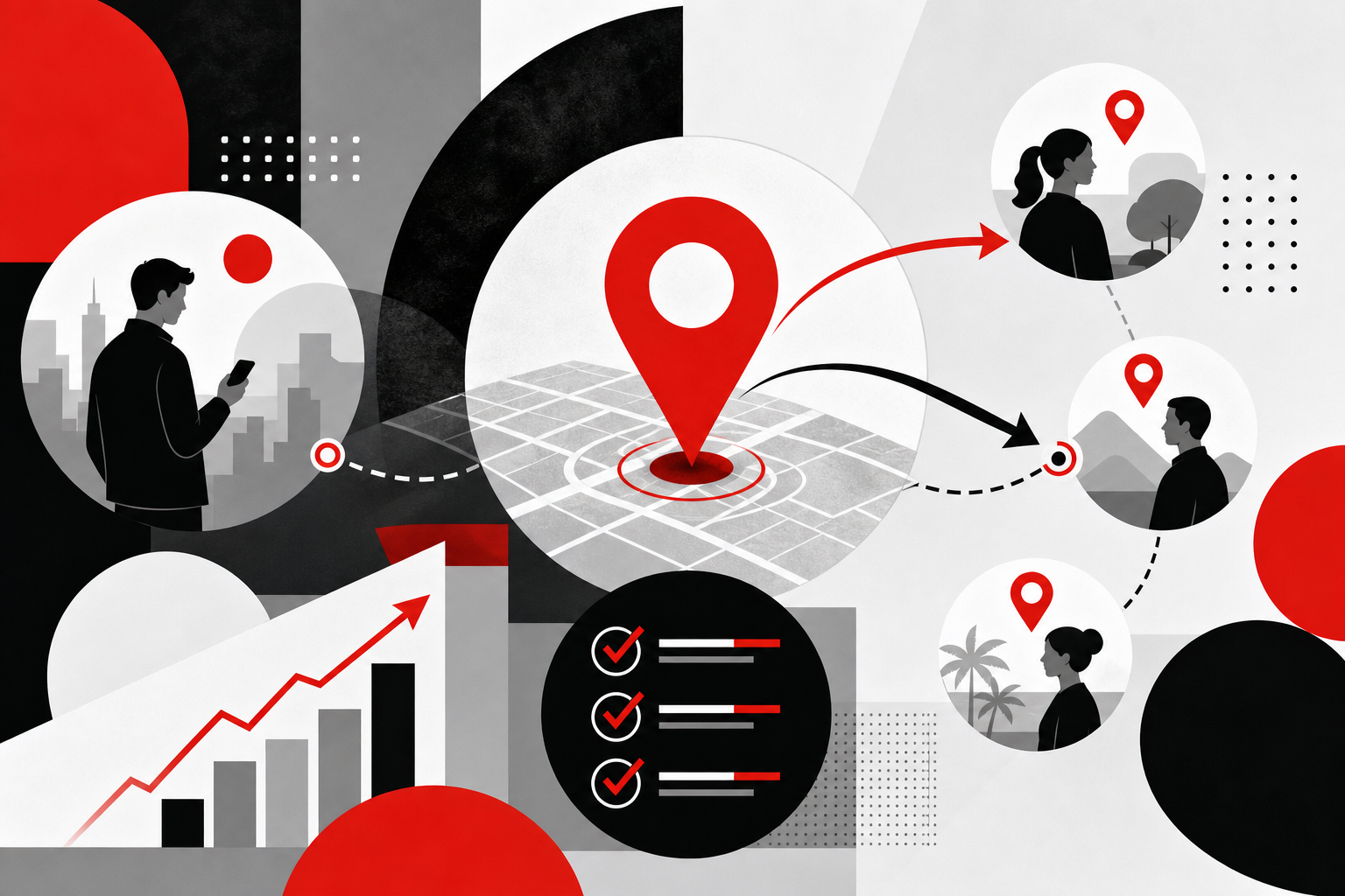 Benefits graph — Branded or neutral share views for GPS Location Sharing (Geometric collage style, example only, not a software screenshot)