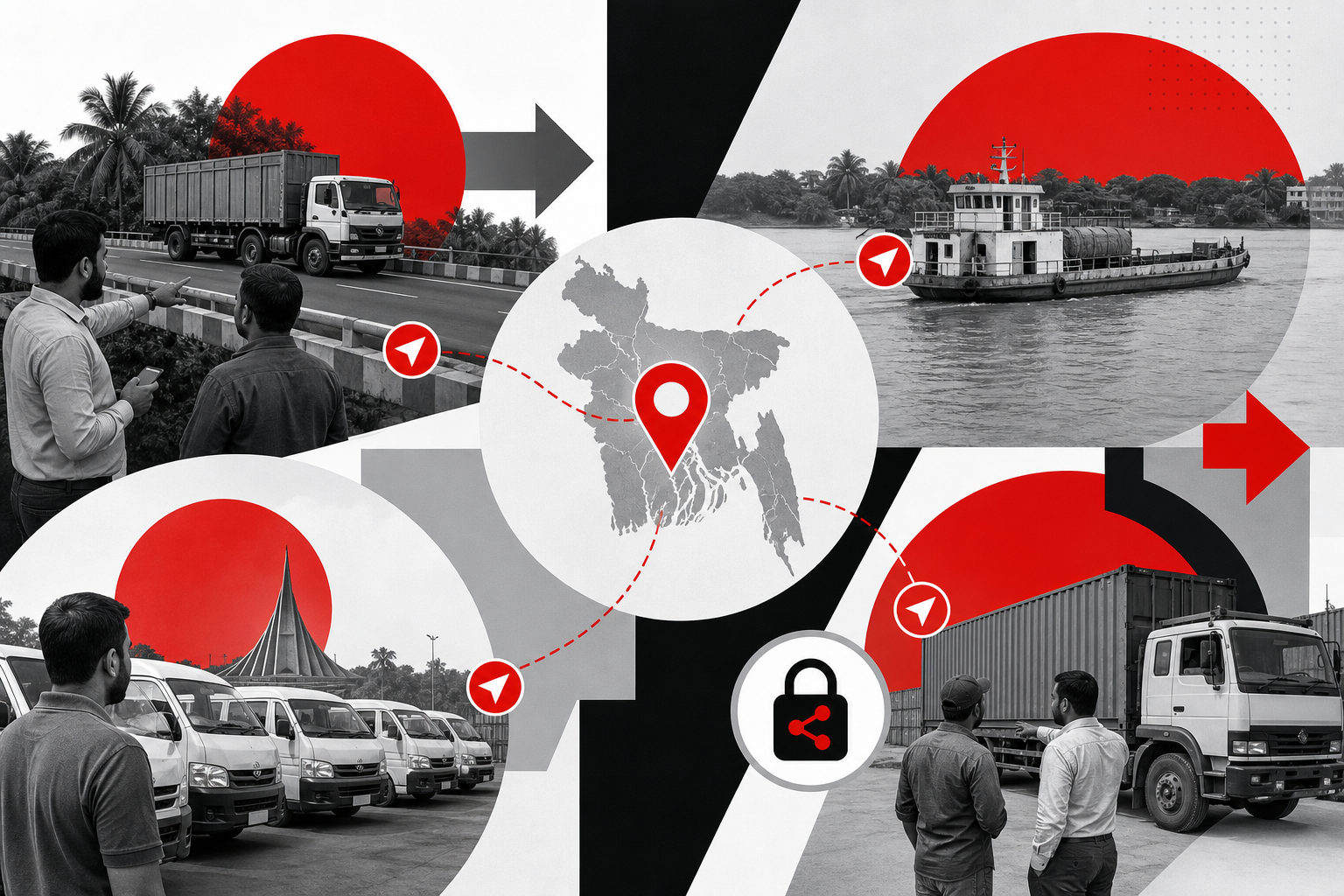 Use-case collage — Client-facing map without full fleet access for GPS Location Sharing (Geometric collage style, example only, not a software screenshot)