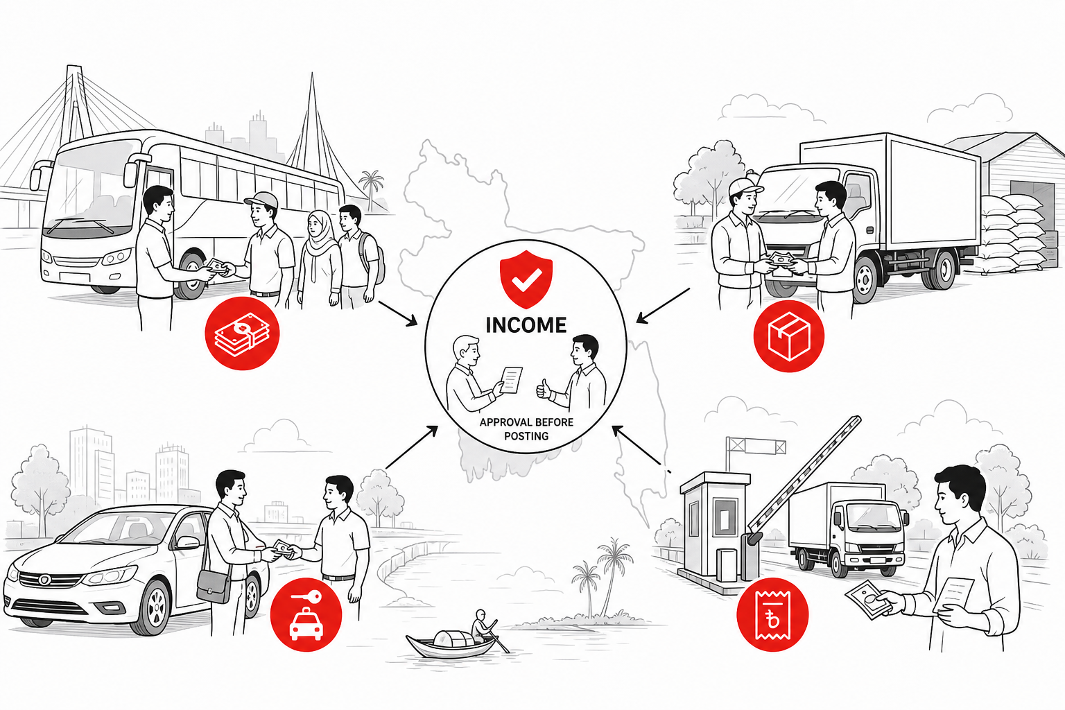 Use-case collage — Approval before posting for Income (Line art style, example only, not a software screenshot)