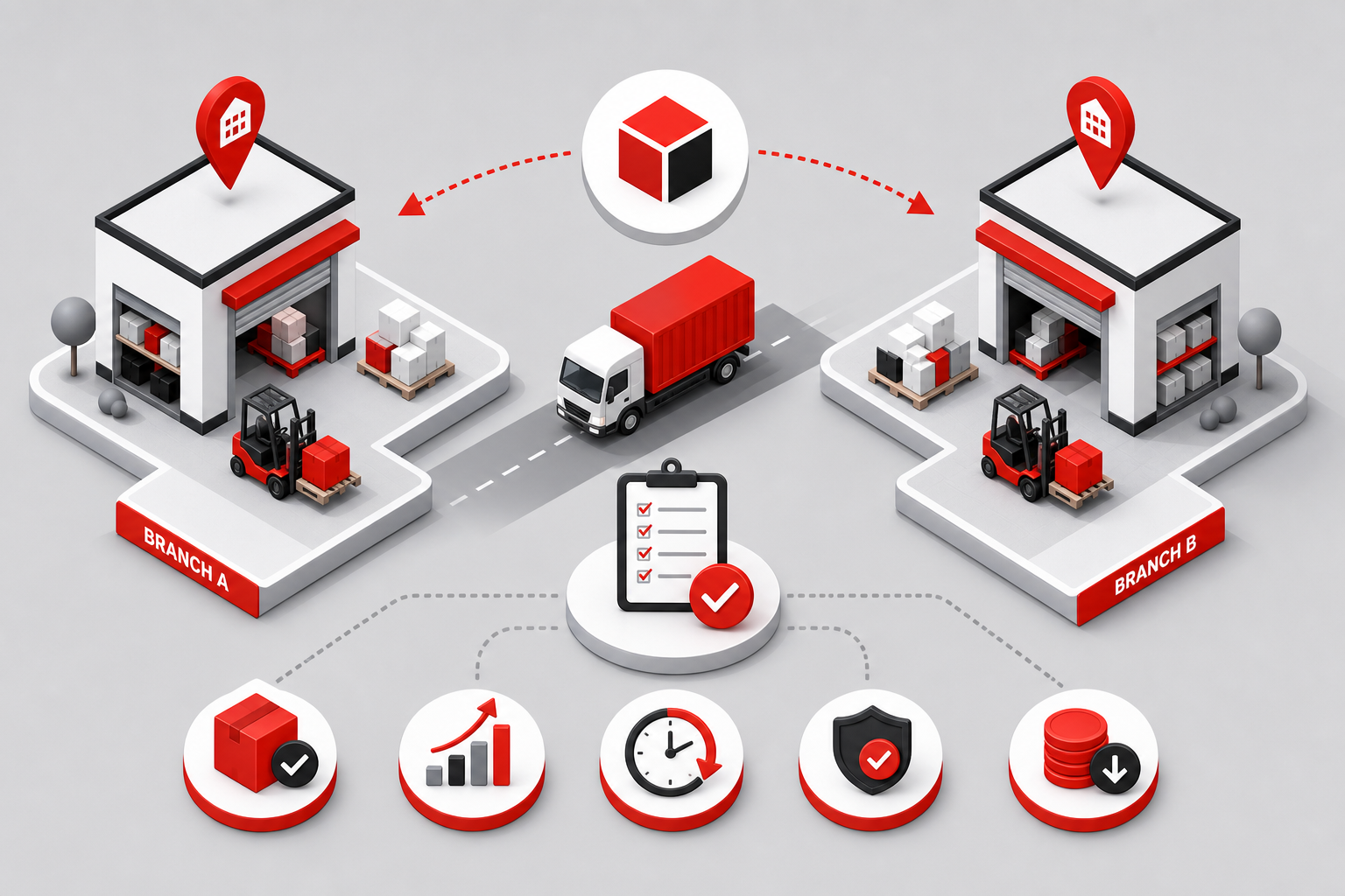Benefits graph — Inter-branch transfer workflow for Inventory (Isometric style, example only, not a software screenshot)
