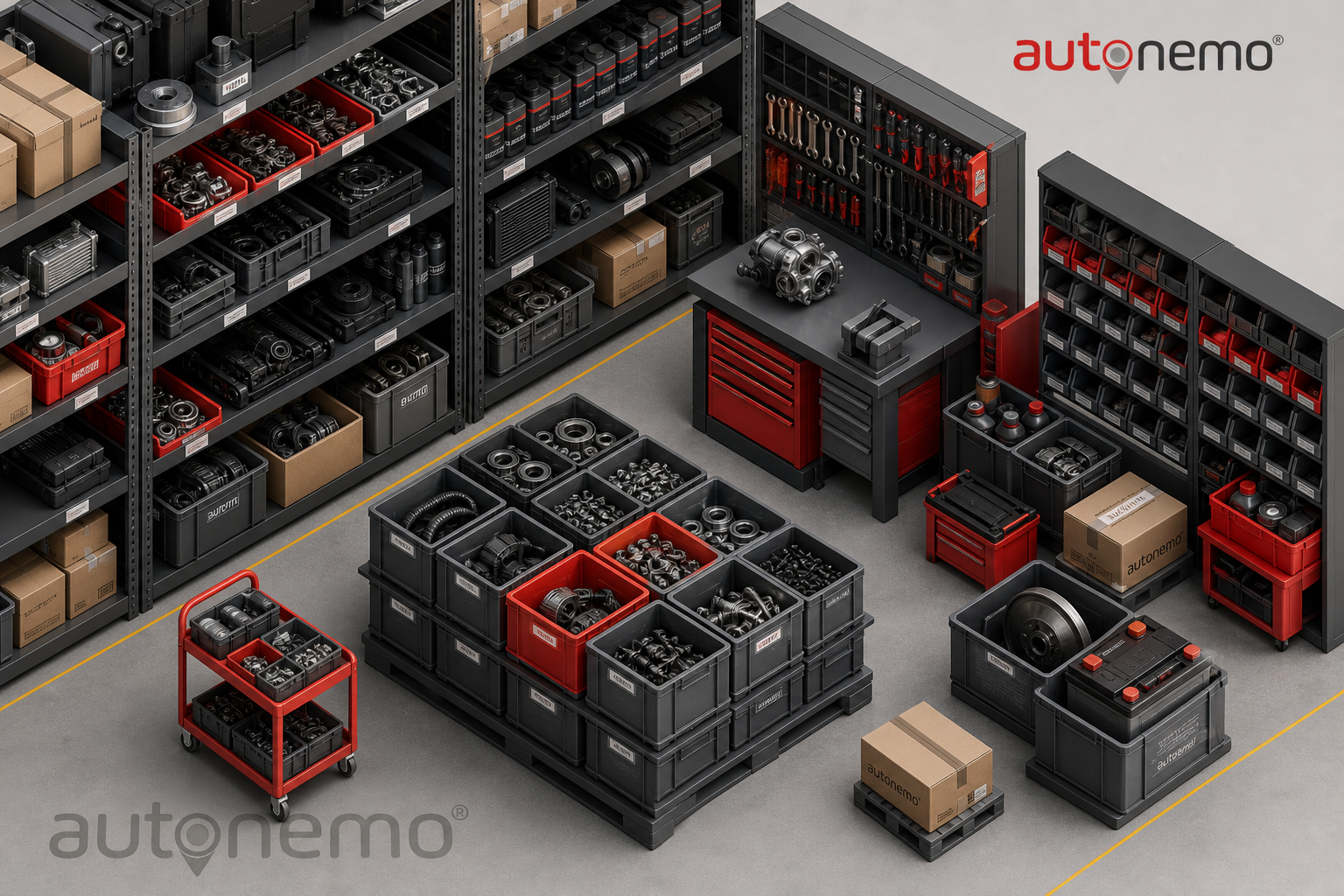 Concept overview — Multi-store stock and reorder levels for Inventory (Isometric style, example only, not a software screenshot)