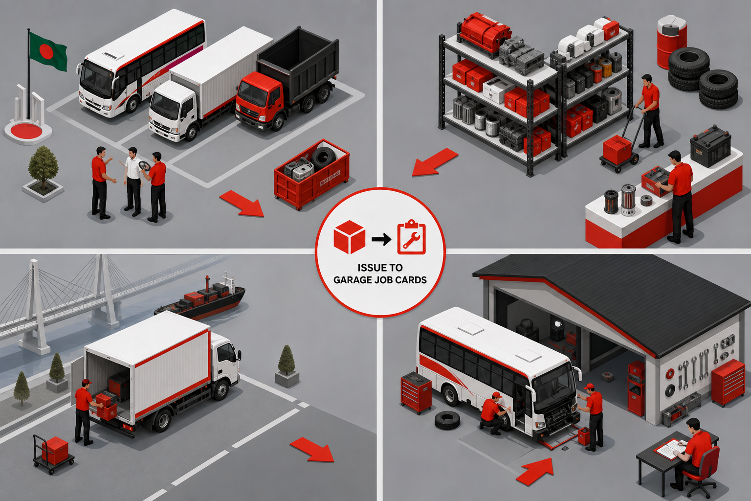 Use-case collage — Issue to garage job cards for Inventory (Isometric style, example only, not a software screenshot)