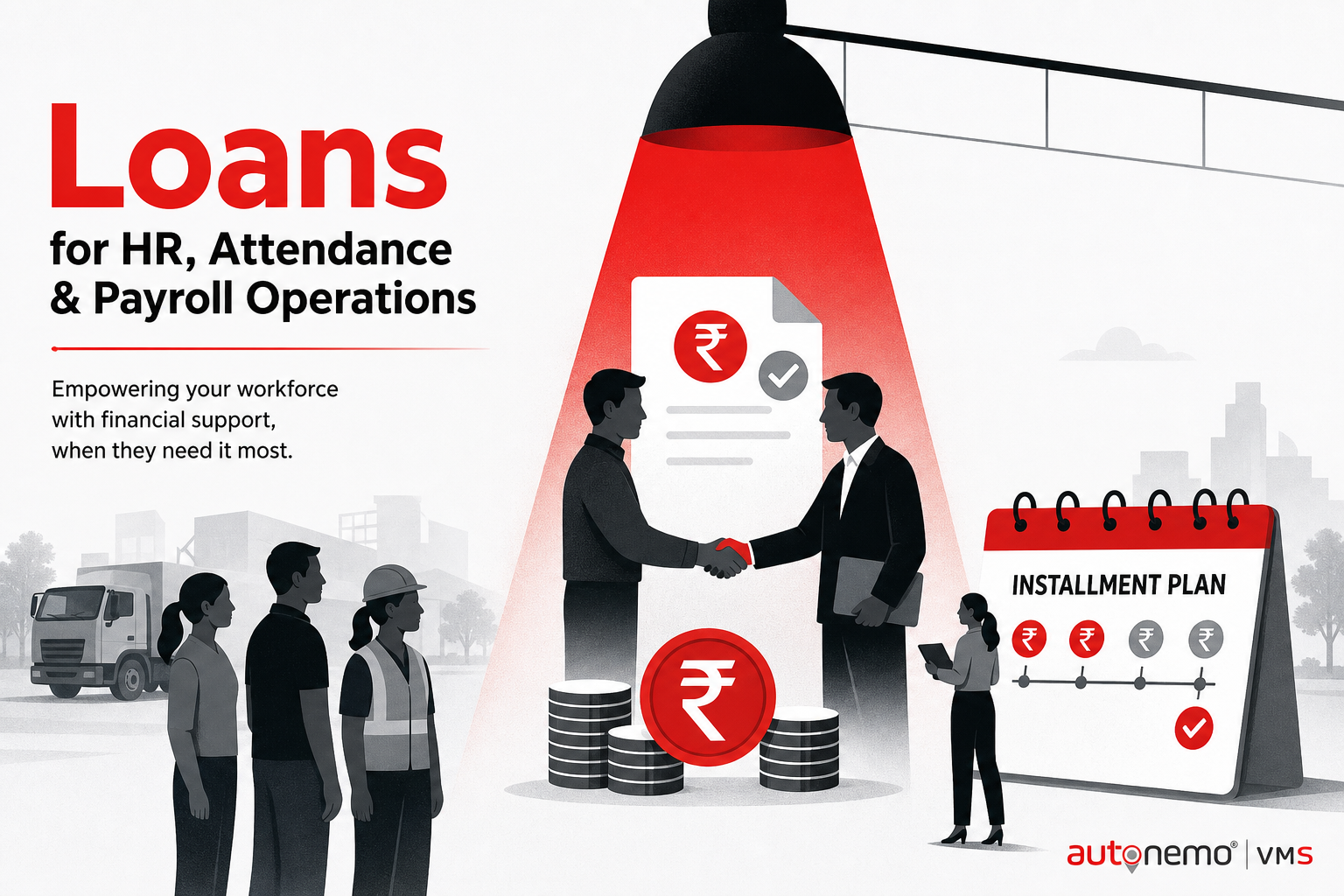 Concept overview — Loan grant and installment plan for Loans (Duotone editorial style, example only, not a software screenshot)