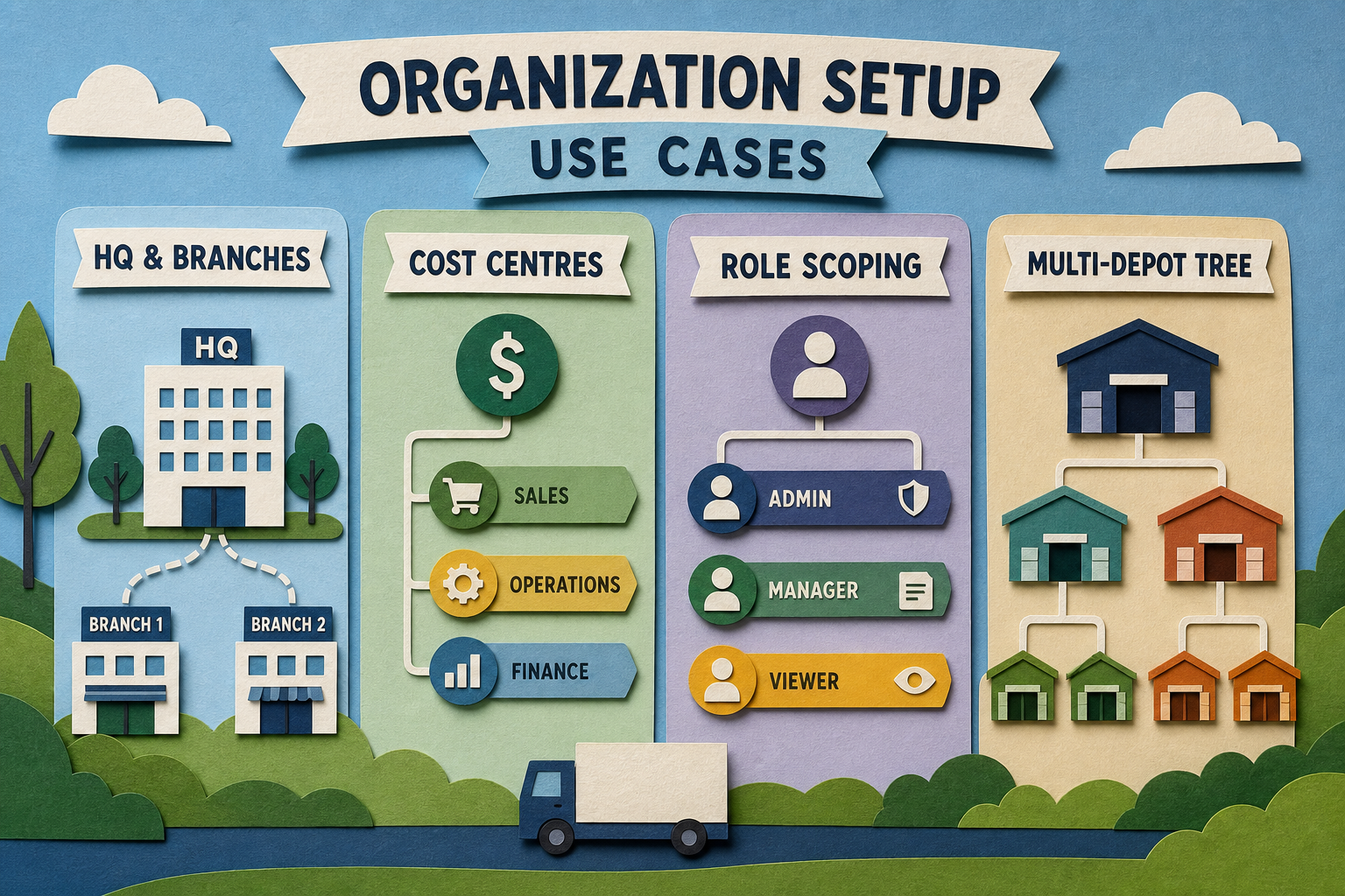 Use-case collage — Cost centre or unit mapping for reports for Organization Setup (Paper cut style, example only, not a software screenshot)