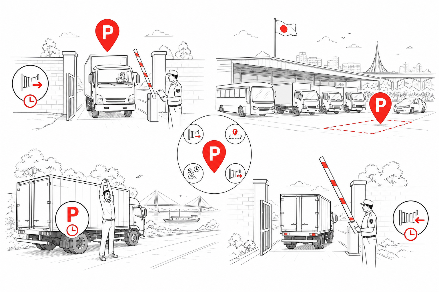 Use-case collage — Gate in/out with timestamps for Parking (Line art style, example only, not a software screenshot)