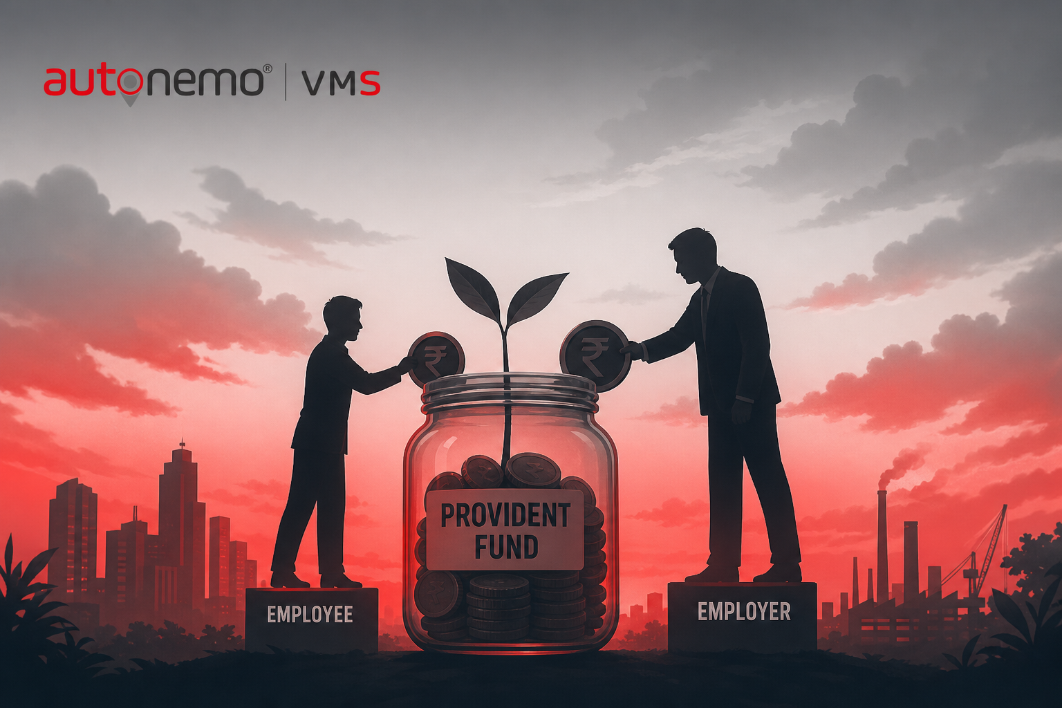 Concept overview — Employee and employer contribution rules for Provident Fund (Silhouette gradient style, example only, not a software screenshot)