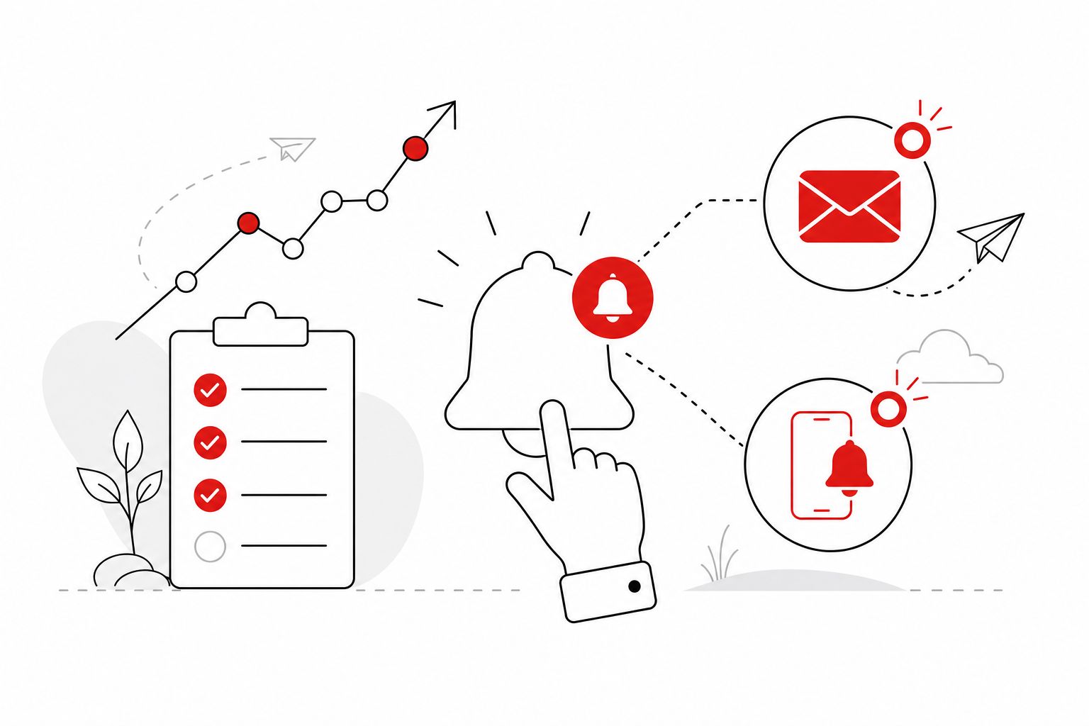 Benefits graph — Email or in-app alert channels for Reminders (Line art style, example only, not a software screenshot)