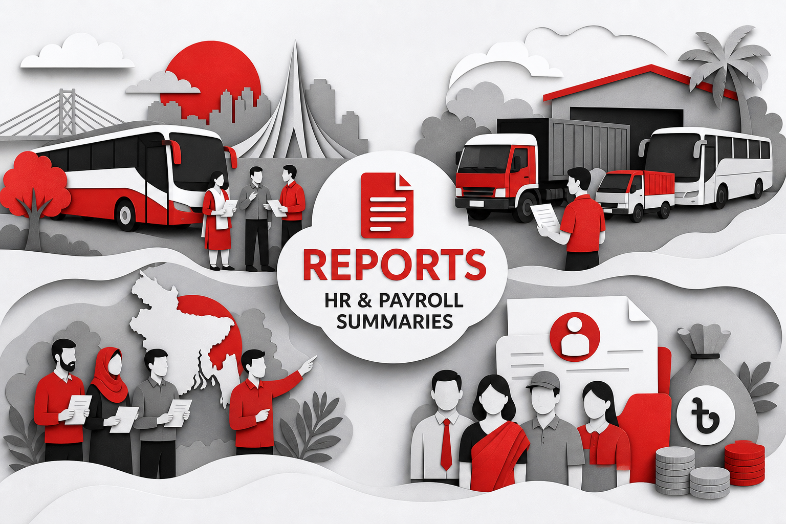 Use-case collage — HR and payroll summaries for Reports (Paper cut style, example only, not a software screenshot)