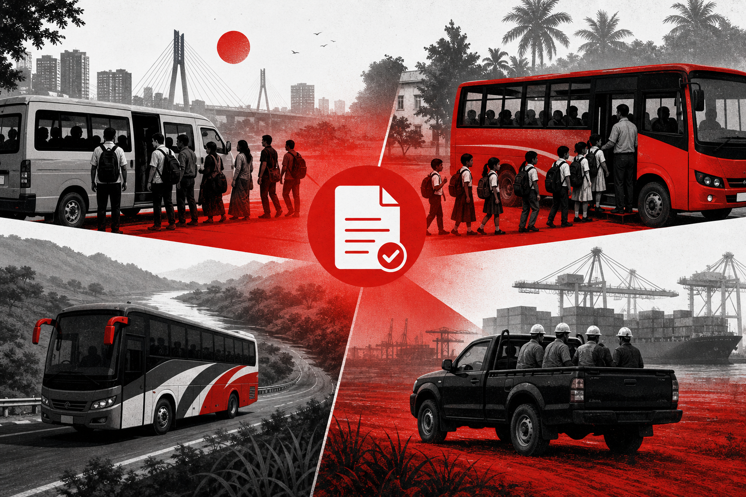 Use-case collage — Passenger count and route purpose for Requisitions (Duotone editorial style, example only, not a software screenshot)