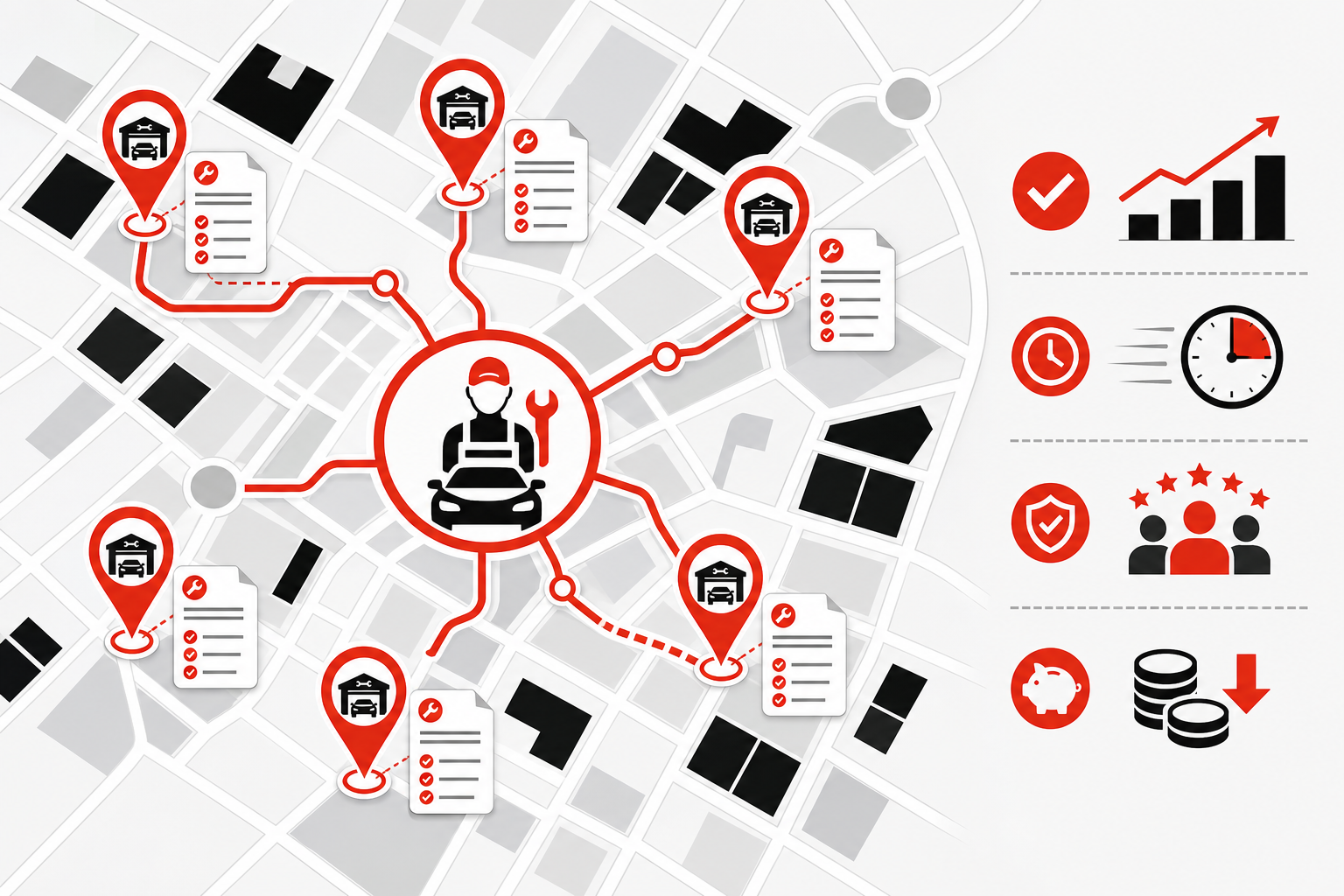 Benefits graph — Links to garage job cards for Service (Top-down map style, example only, not a software screenshot)