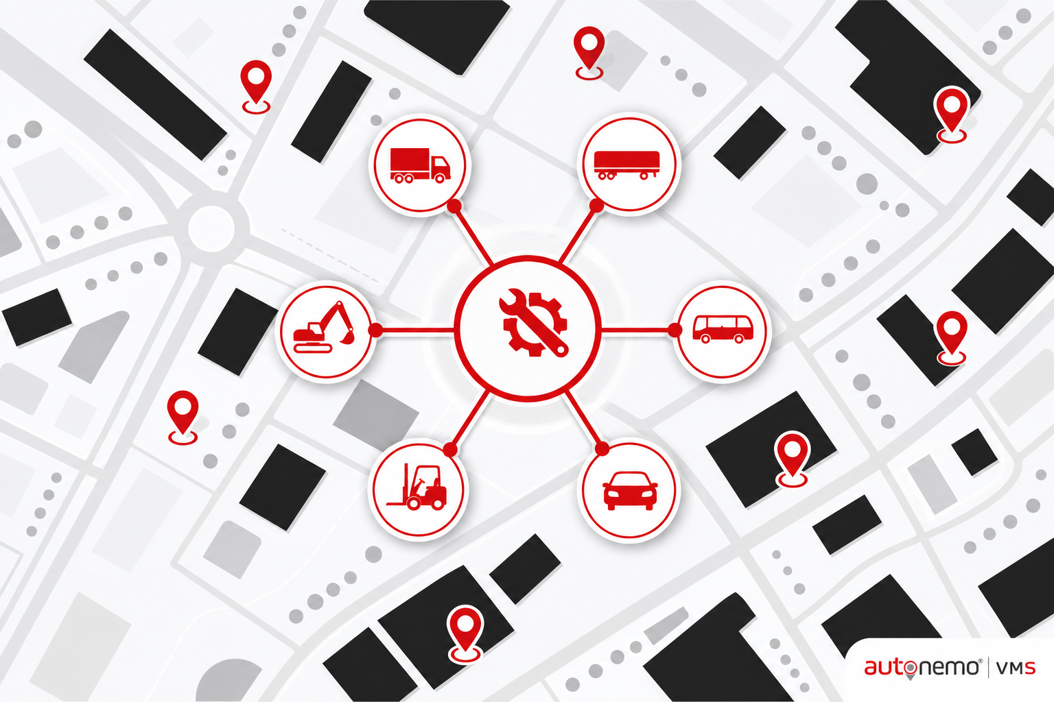 Integration diagram — Service history per asset for Service (Top-down map style, example only, not a software screenshot)