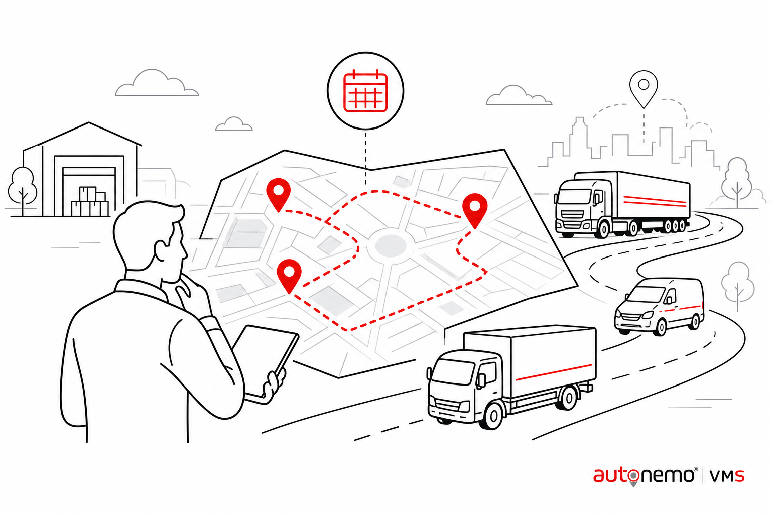 Concept overview — Route and schedule management for Transport (Line art style, example only, not a software screenshot)
