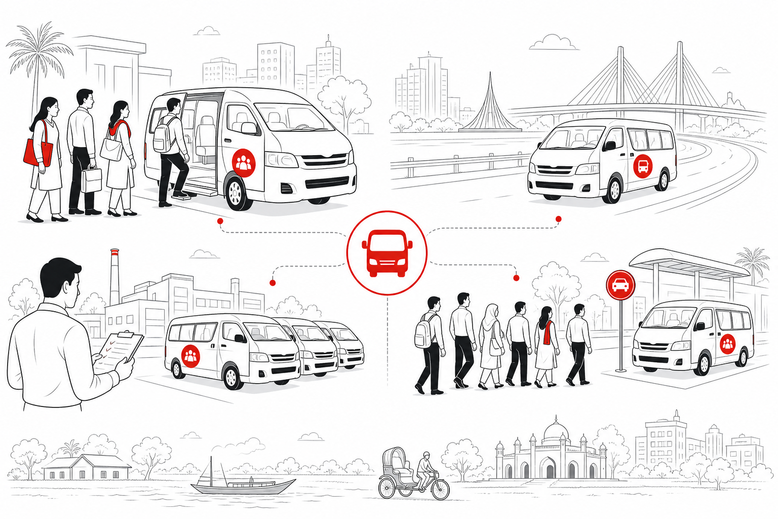 Use-case collage — Staff transport and shuttle planning for Transport (Line art style, example only, not a software screenshot)