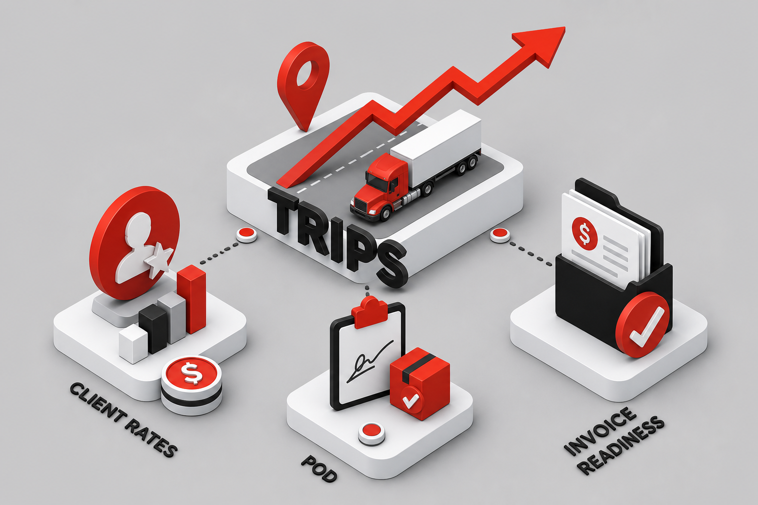 Benefits graph — Client rates, POD, and invoice readiness for Trips (Isometric style, example only, not a software screenshot)
