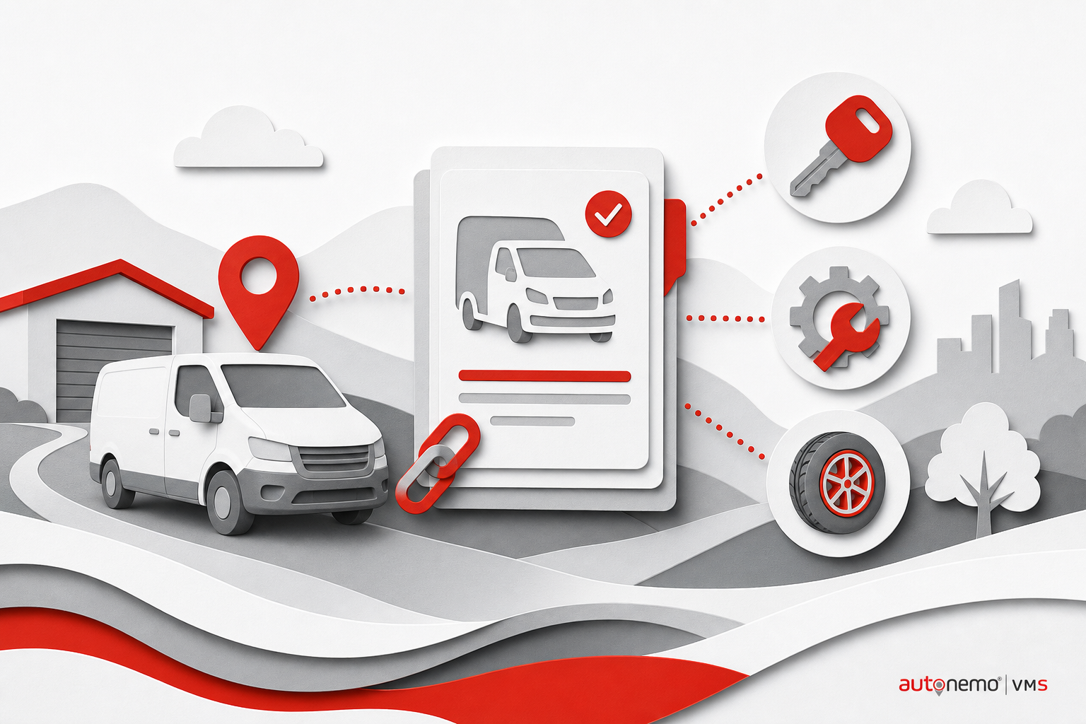Concept overview — Asset register linked to vehicle ID for Vehicle Assets (Paper cut style, example only, not a software screenshot)