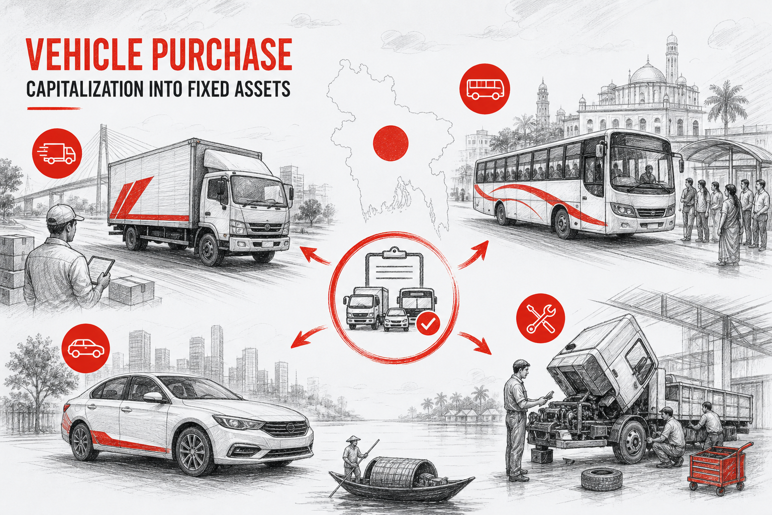 Use-case collage — Capitalization into fixed assets for Vehicle Purchase (Sketch blend style, example only, not a software screenshot)