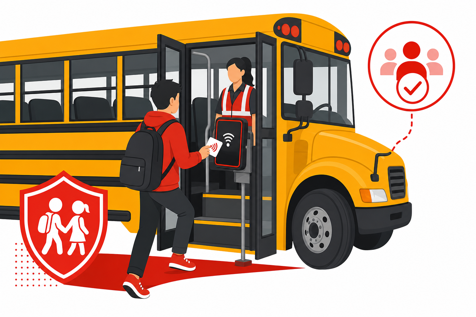 Student boarding school bus with punch card or RFID attendance device at the door