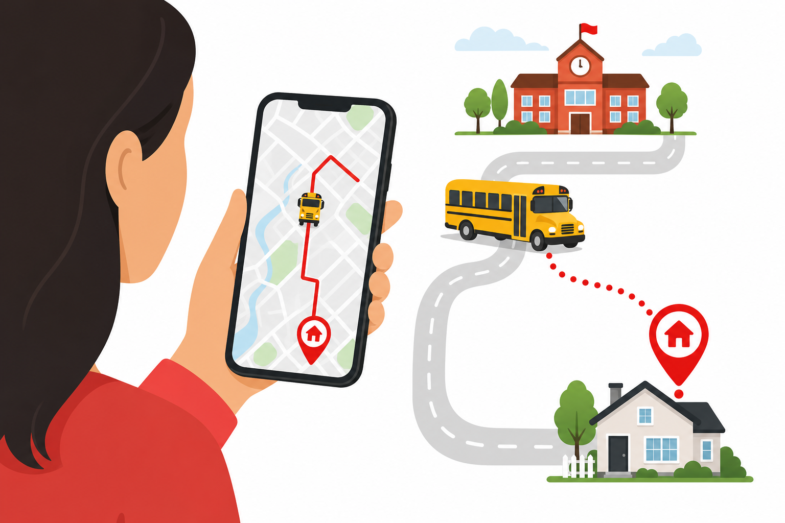 Parent smartphone showing live school bus GPS location and ETA to pickup stop