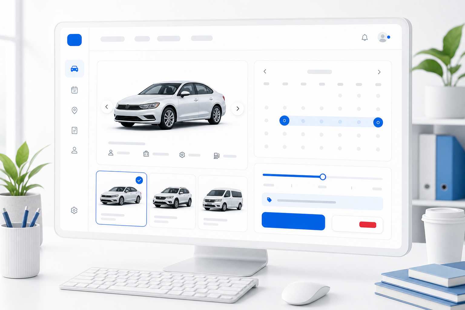 Self-drive car rental booking screen with trip dates, vehicle, and rate selection