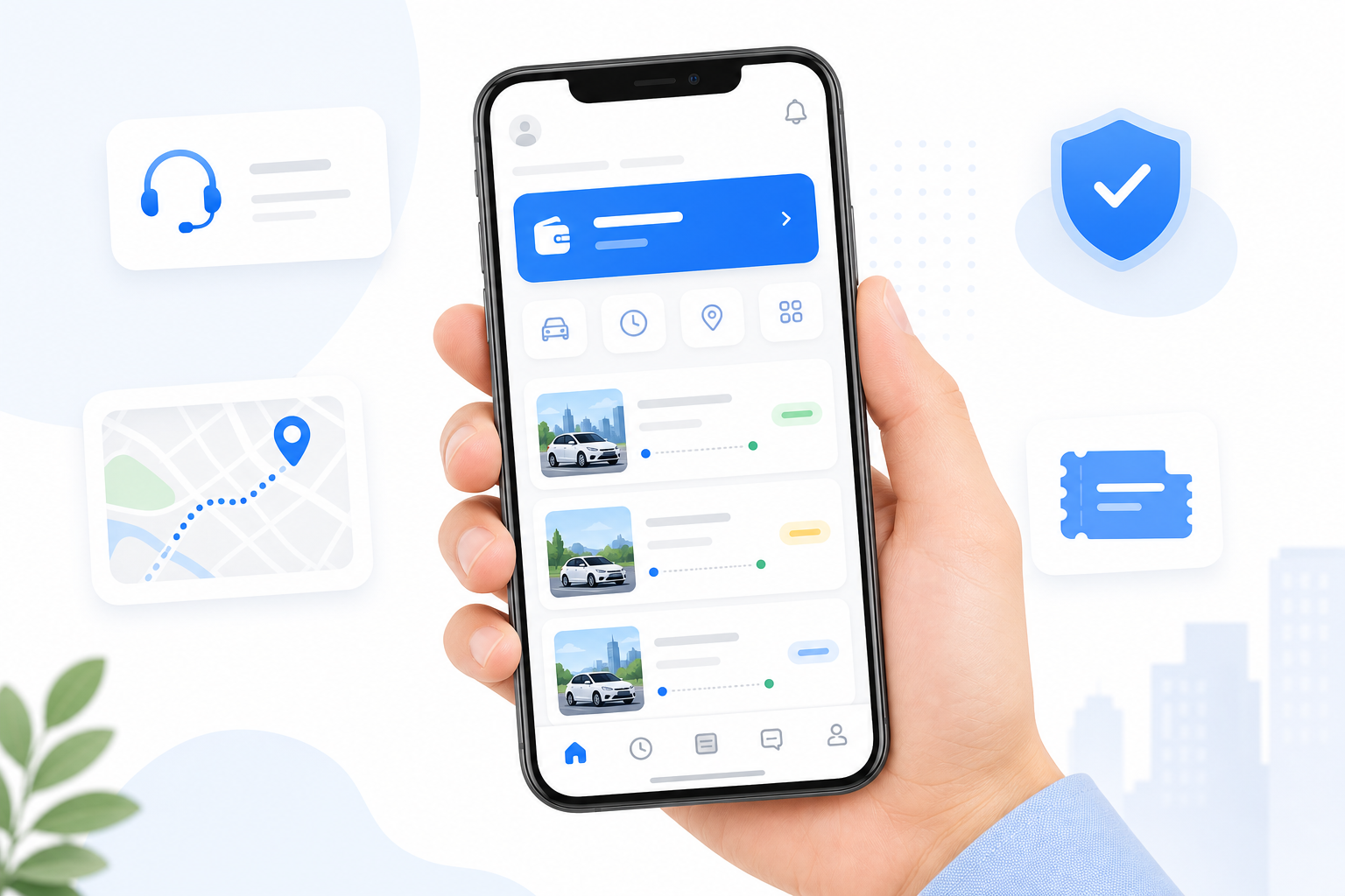 Mobile-friendly self-drive rental client panel with trips, wallet, and support