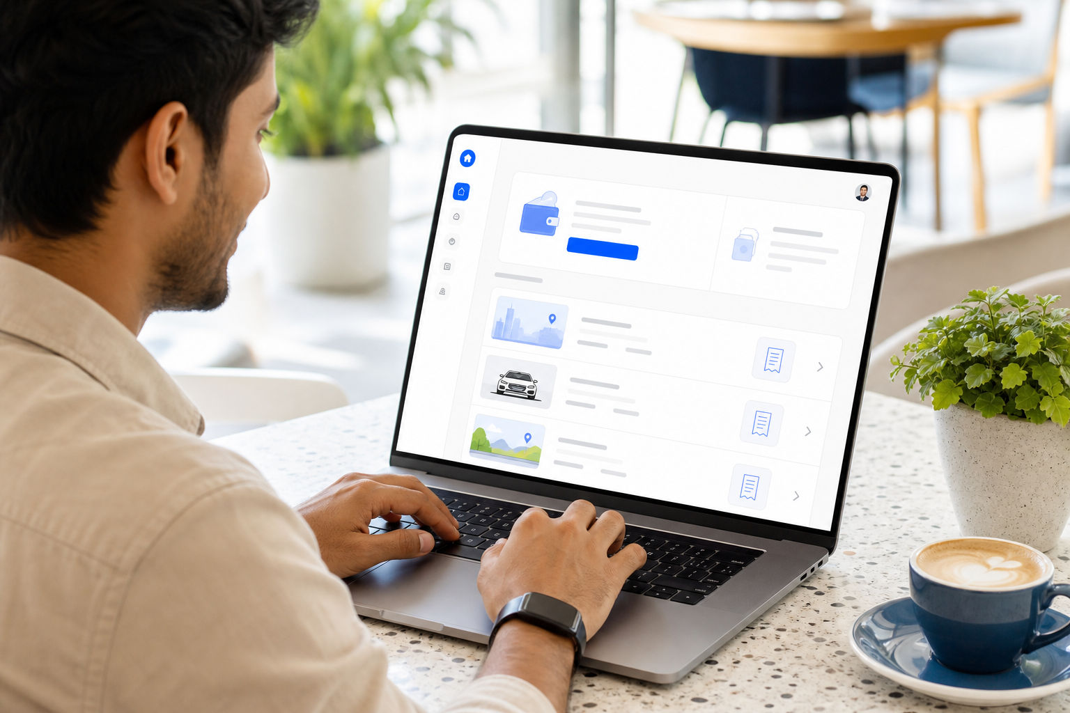 Self-drive rental client portal on laptop with wallet top-up and trip list