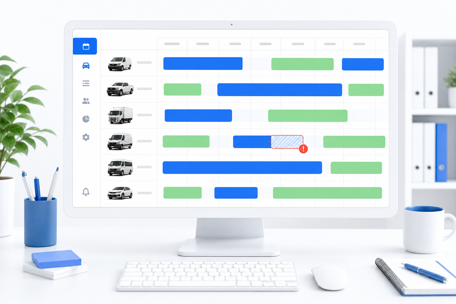 Self-drive fleet availability calendar showing booked and free vehicle dates