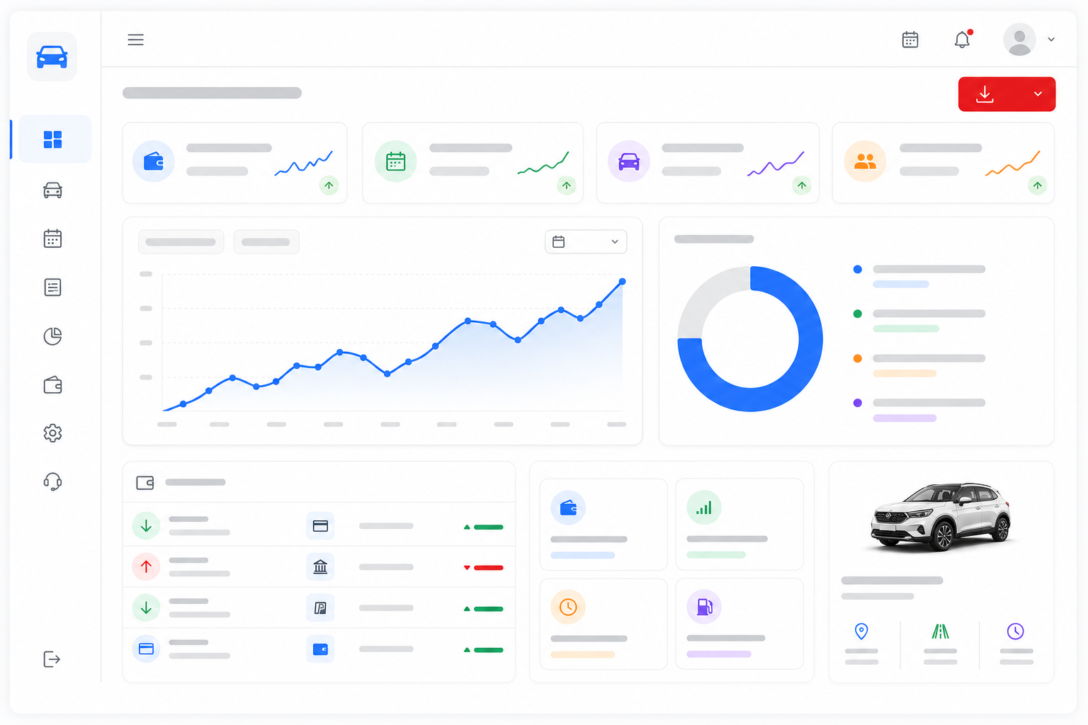 Self-drive rental reports dashboard with revenue, trips, and wallet analytics